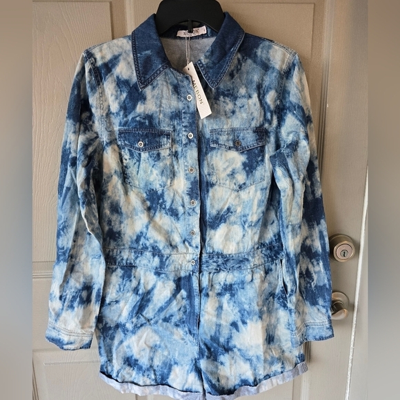 Mebon Machine Chambray Romper Jumpsuit Women L Blue Denim LongSleeve Tye Dye - Picture 3 of 16